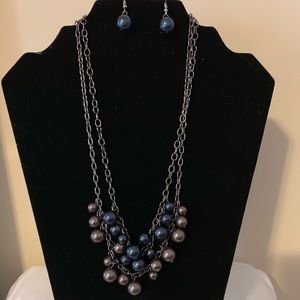 Pearly Blue and Brown Necklace with Earrings Set